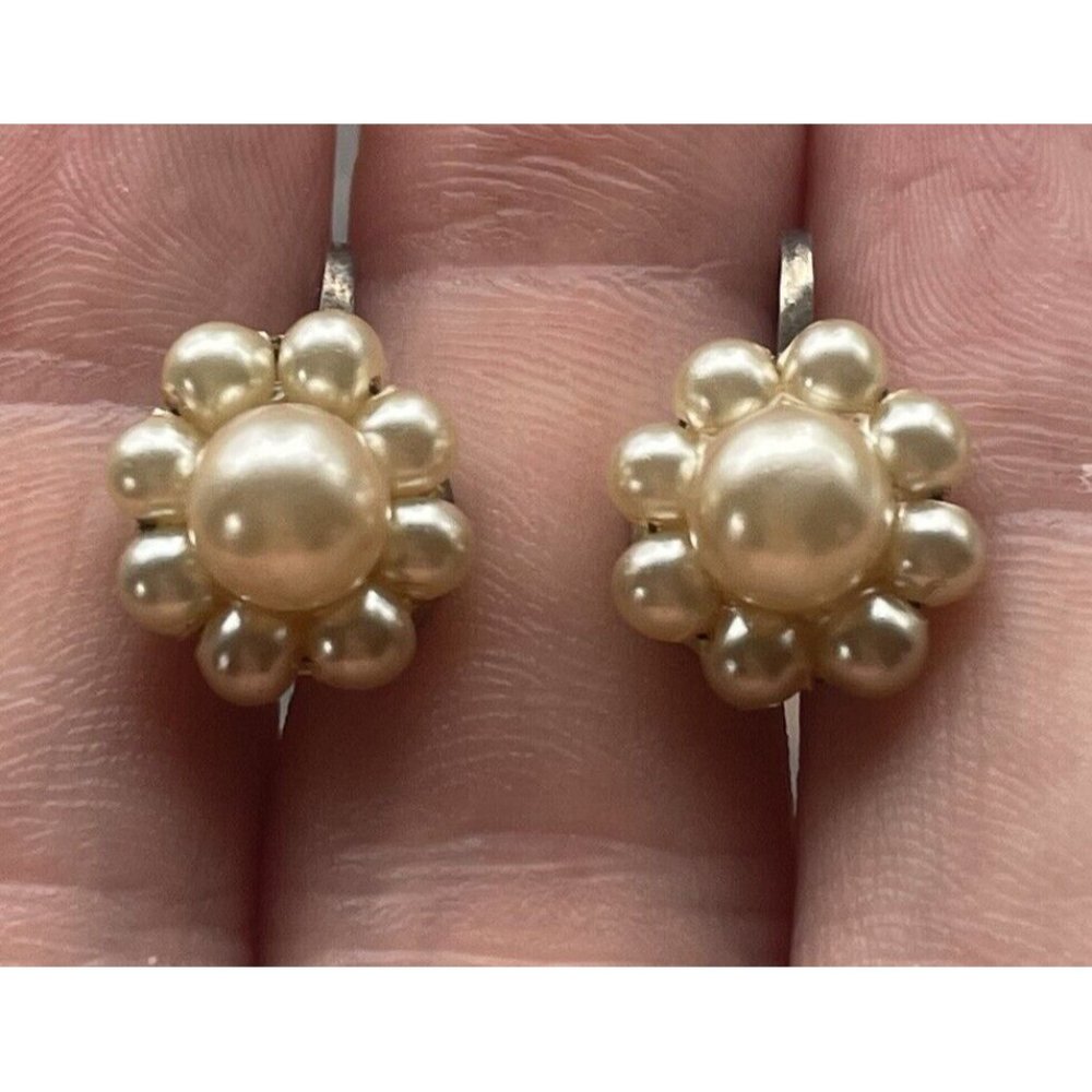 Pair of Vintage Pearl Cluster Sterling Silver Screw Back Earrings Fine Jewelry